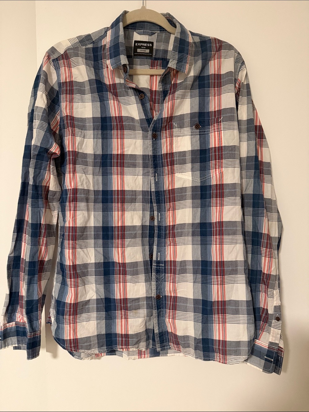 Express Blue White Red Plaid Button-Down Shirt